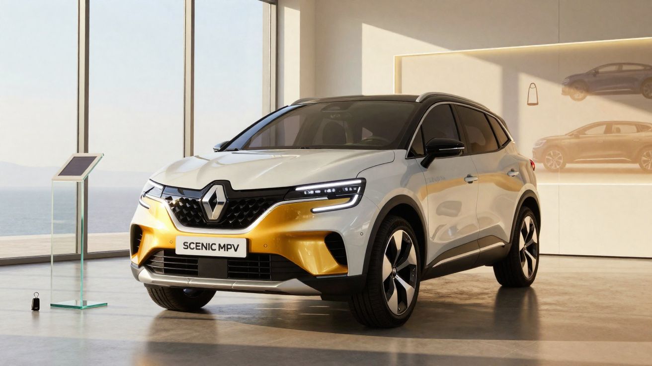 Carro SUV Renault Scenic MPV branco com detalhes dourados em showroom moderno com vista para o mar.