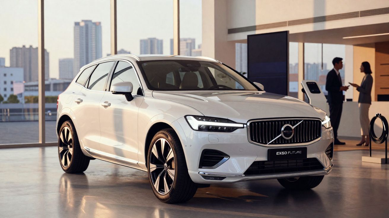 SUV Volvo EX60 branco em showroom moderno com duas pessoas conversando ao fundo.