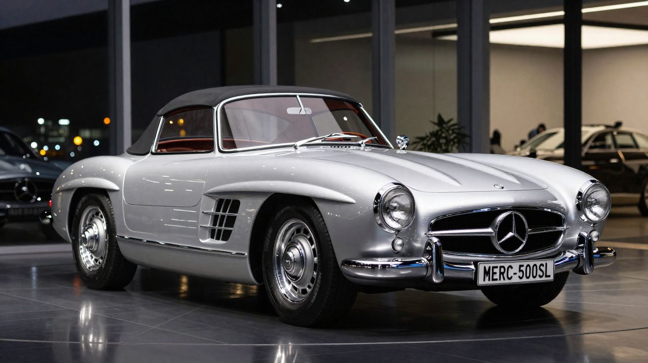 Carro clássico prata Mercedes-Benz 500SL exposto em showroom moderno à noite.
