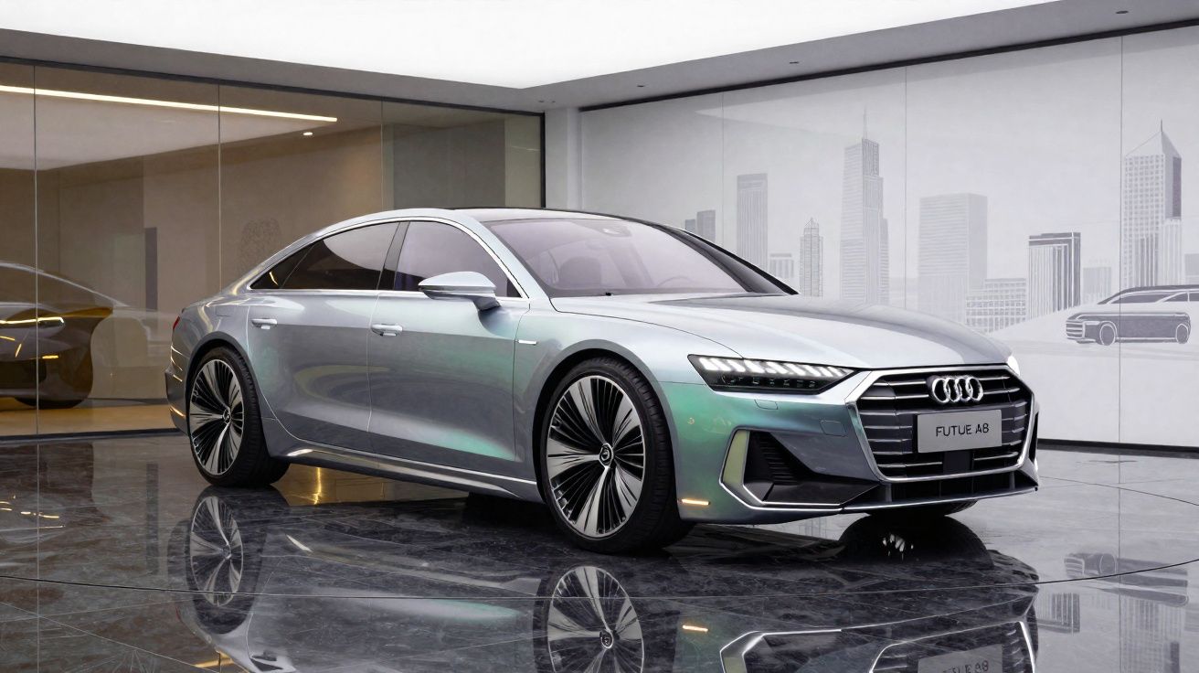 Carro Audi futurista prata em showroom moderno com chão espelhado e parede decorada com cidade.