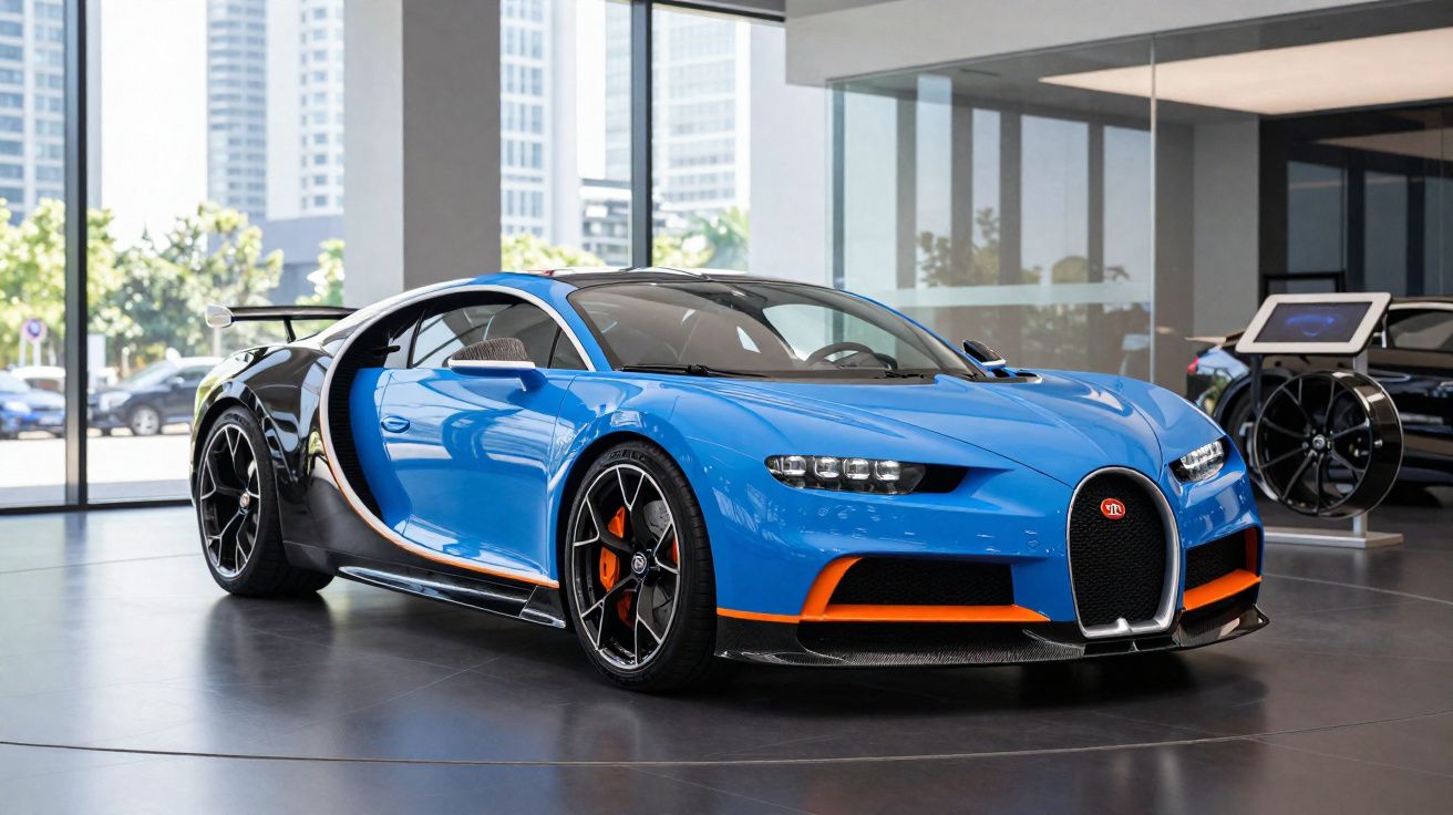 Carro esportivo Bugatti Chiron azul com detalhes laranja em showroom moderno com vidro.
