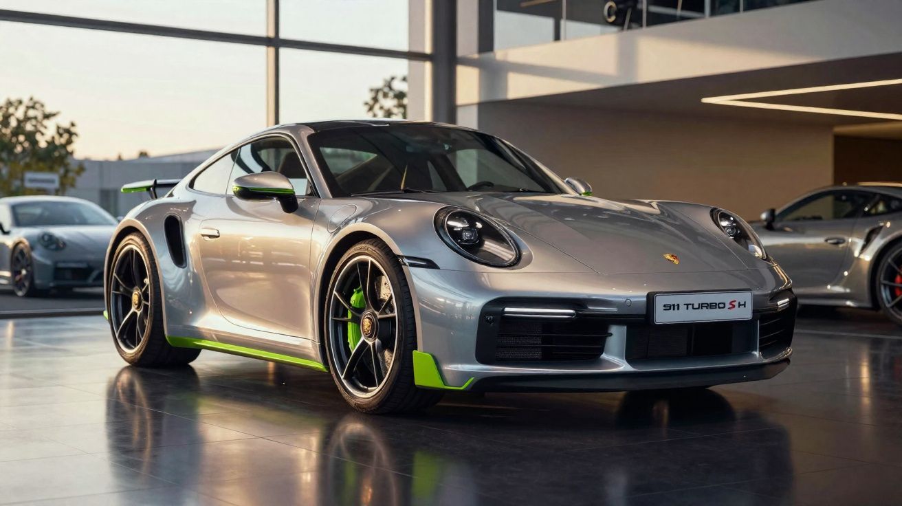 Carro esportivo prata Porsche 911 Turbo S exibido em showroom com detalhes verdes neon.