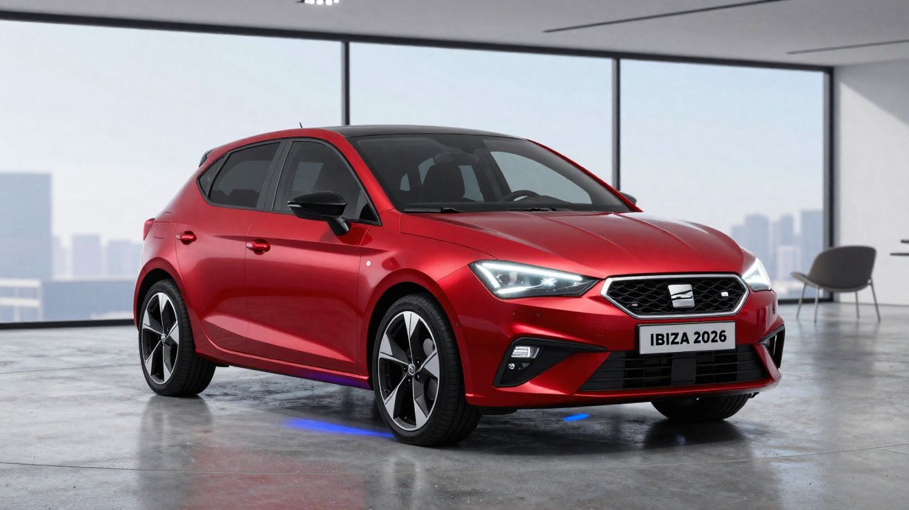 Carro hatchback vermelho Seat Ibiza 2026 em ambiente interno com piso de concreto e janela panorâmica.