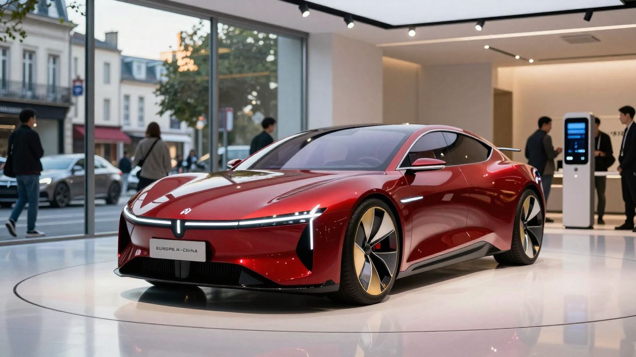 Carro elétrico esportivo vermelho em exposição moderna com pessoas e arquitetura ao fundo.