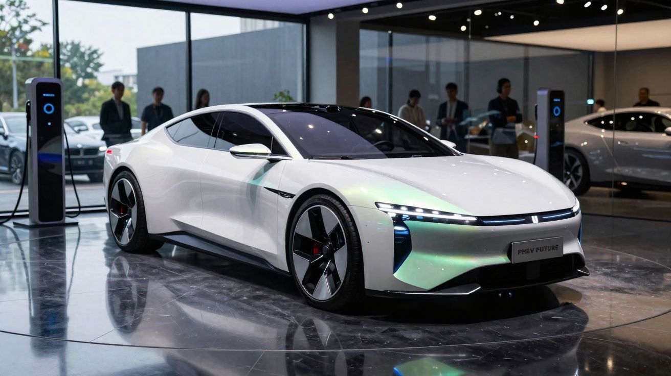 Carro elétrico esportivo branco sendo exibido em showroom moderno, conectado a estação de recarga.