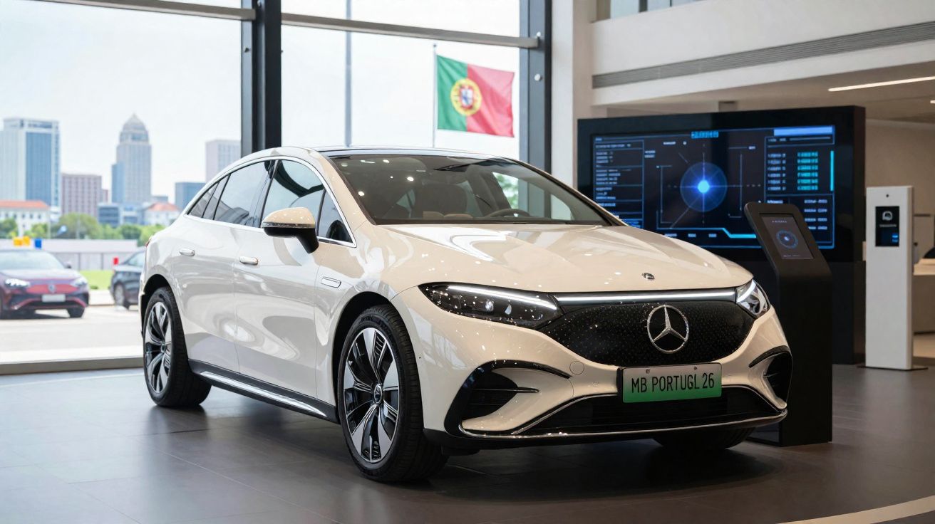 Carro elétrico branco Mercedes-Benz EQS em exposição interna com placa verde personalizada.