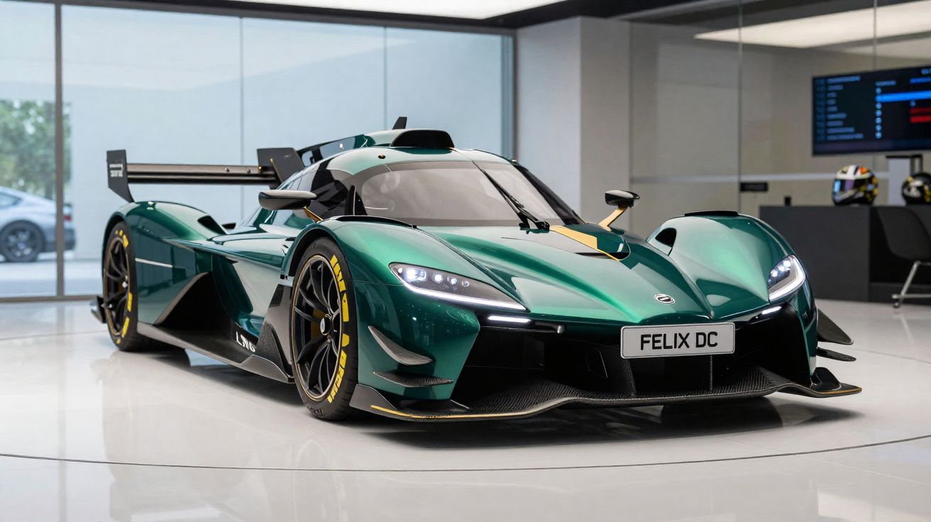 Carro esportivo verde metálico com design aerodinâmico em exposição interna minimalista.