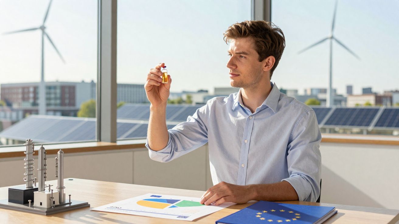 Homem em escritório com painéis solares e turbinas, analisando líquido em frasco pequeno.