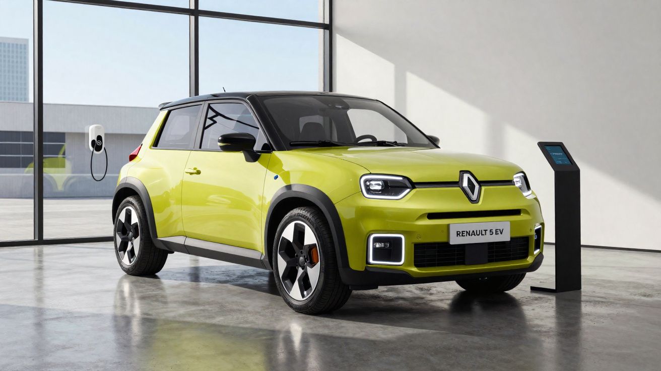 Carro elétrico Renault 5 EV amarelo estacionado em ambiente interno próximo a carregador.