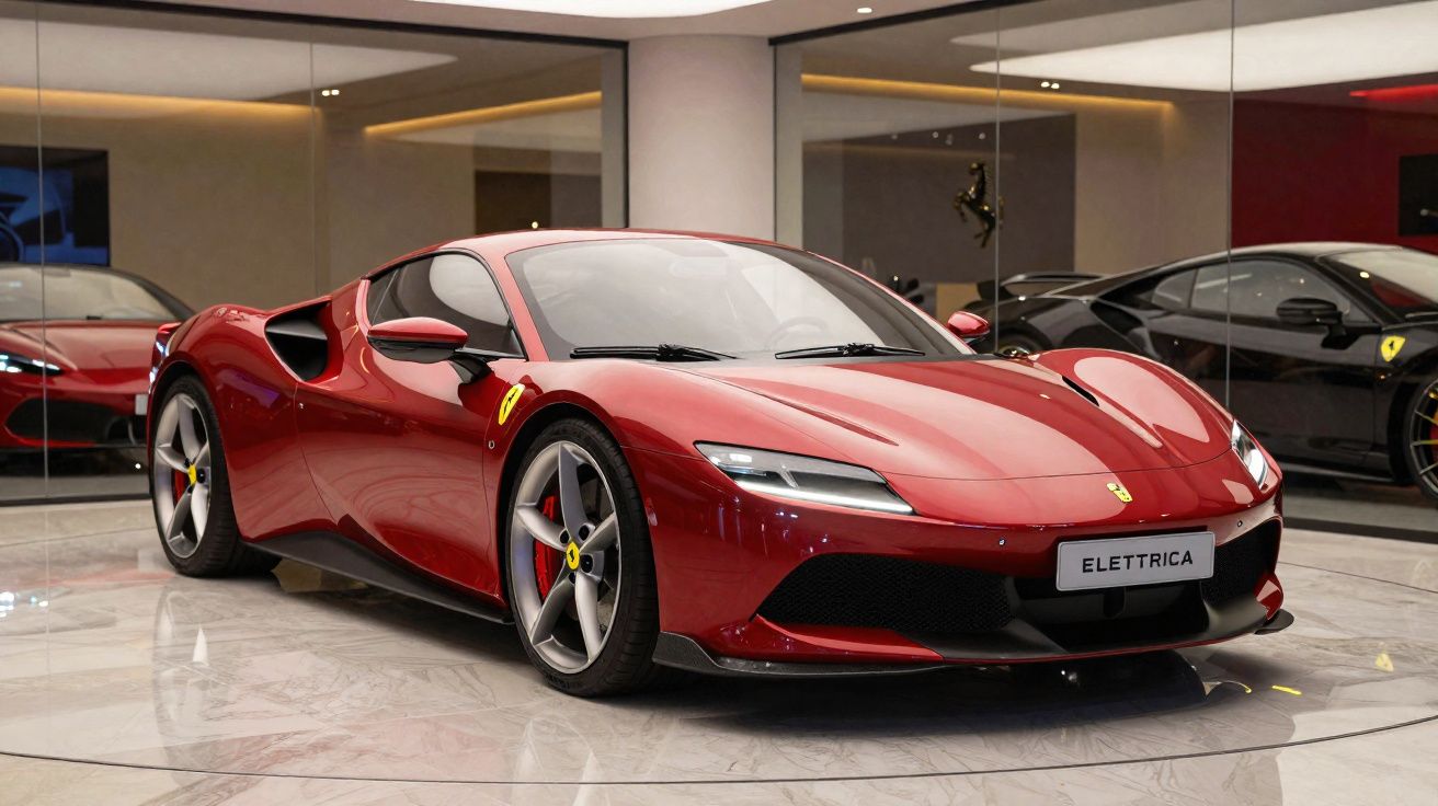 Carro esportivo elétrico vermelho Ferrari em exposição dentro de showroom com paredes de espelho.