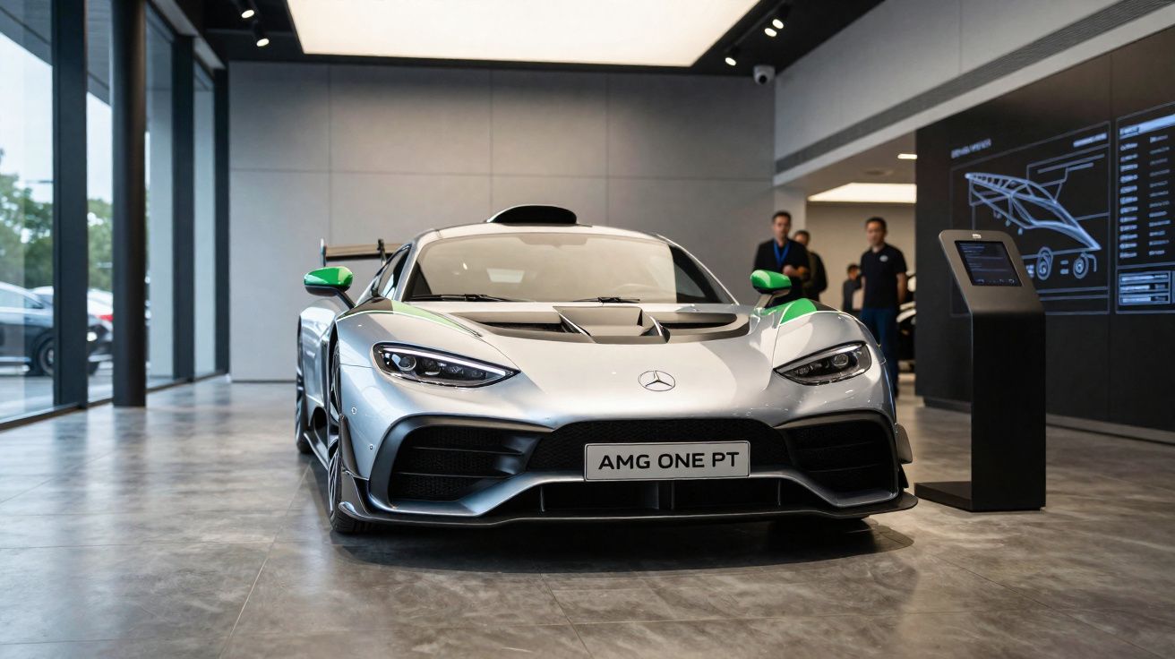 Carro esportivo Mercedes-Benz AMG ONE PT prata em exposição interna com detalhes verdes nos retrovisores.
