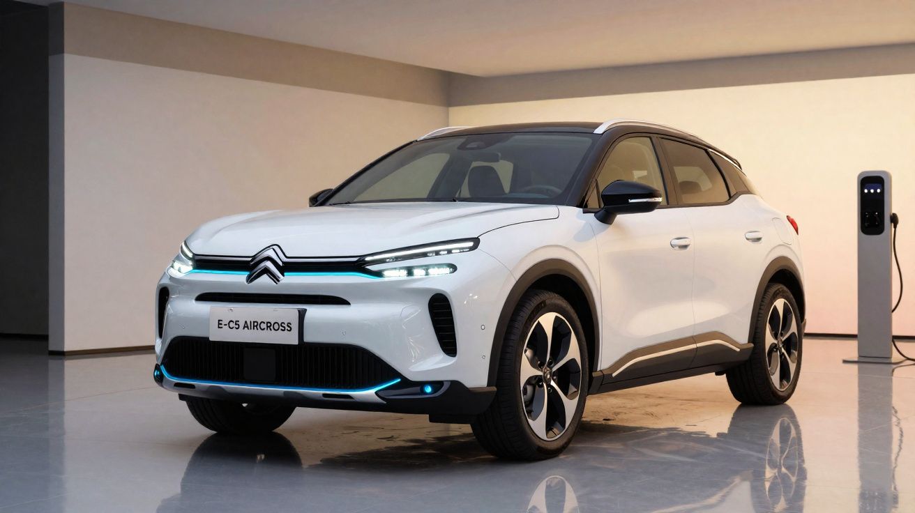 Carro elétrico Citroën E-C5 Aircross branco estacionado em garagem com carregador elétrico.