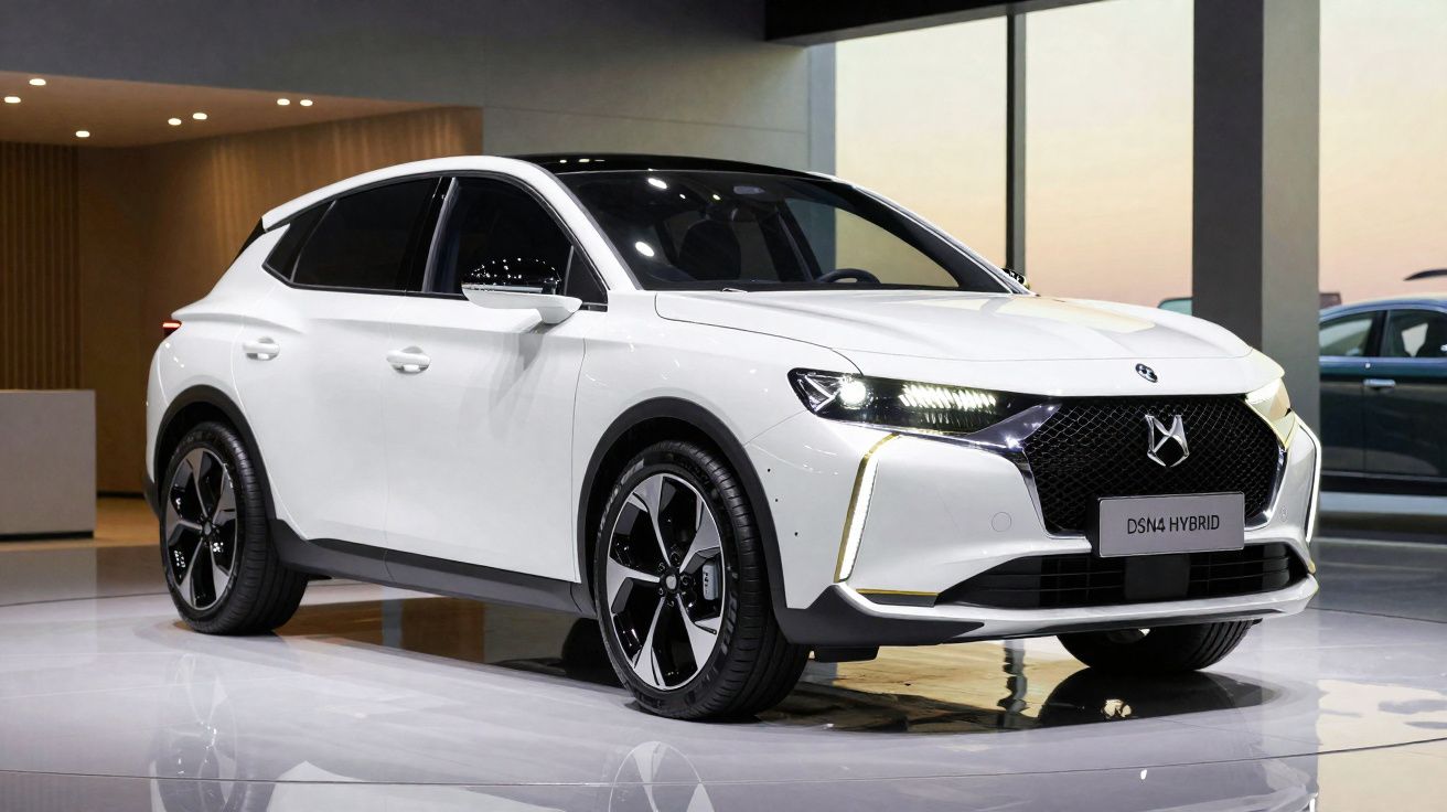Carro elétrico branco DS4 Hybrid exposto em ambiente moderno com iluminação suave.