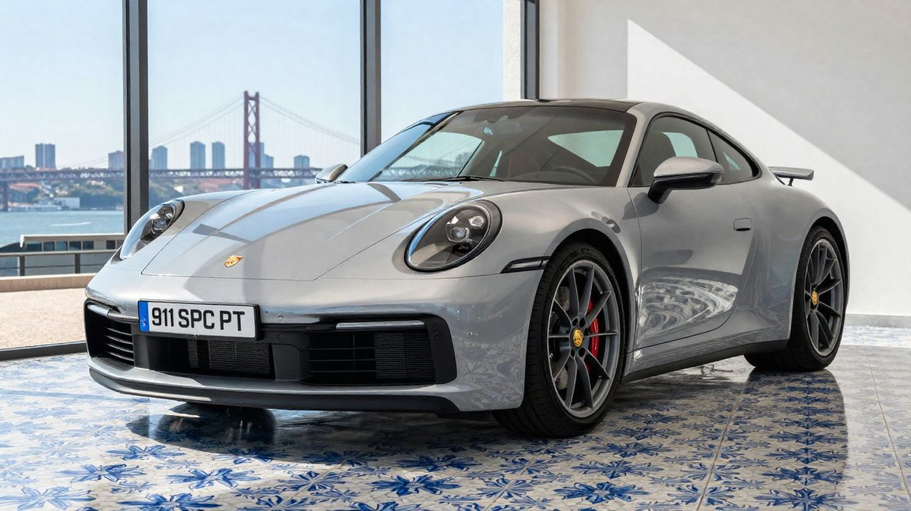 Carro esportivo prata Porsche 911 em exposição com piso de azulejo azul e janela com vista para ponte suspensa.