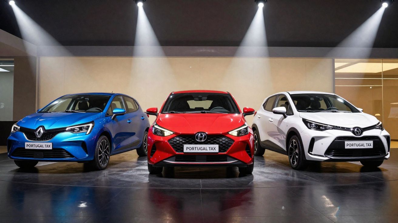 Três carros novos estacionados em exposição interna, nas cores azul, vermelho e branco, com iluminação em foco.