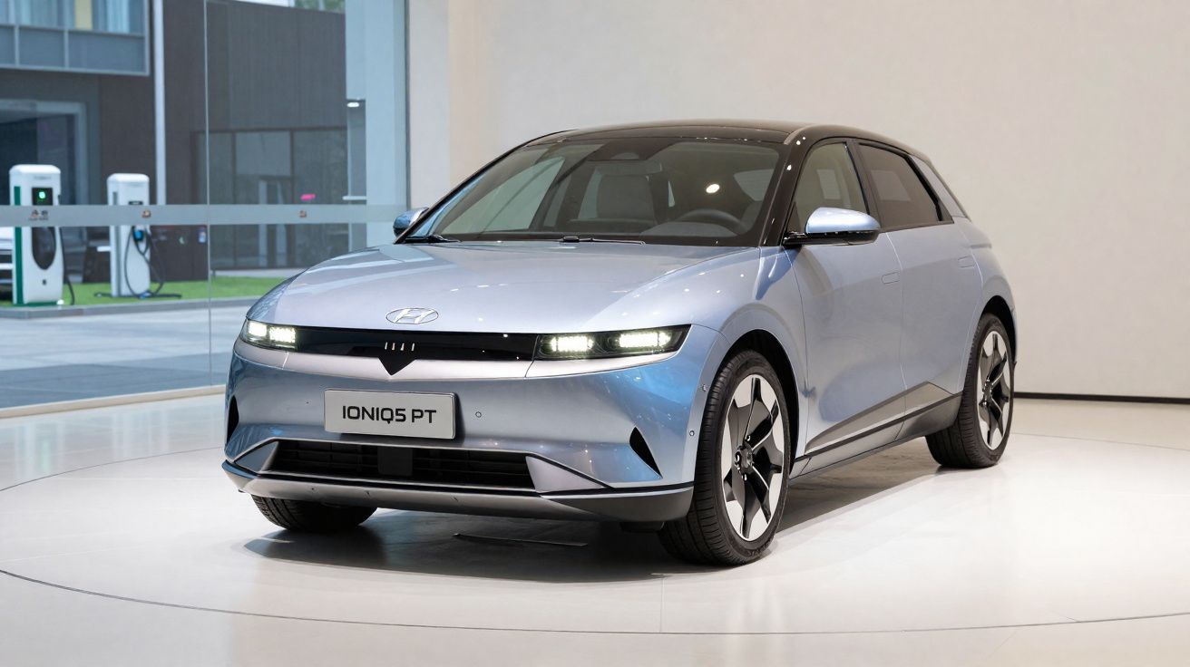 Carro elétrico Hyundai Ioniq 5 PT azul exibido em salão moderno com luzes acesas.