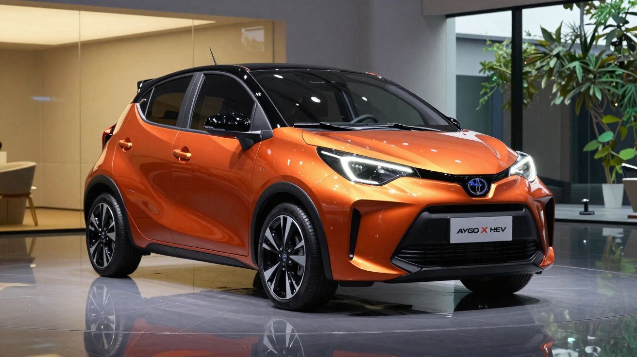 Carro hatchback Toyota Aygo X HEV laranja com teto preto em ambiente interno moderno.