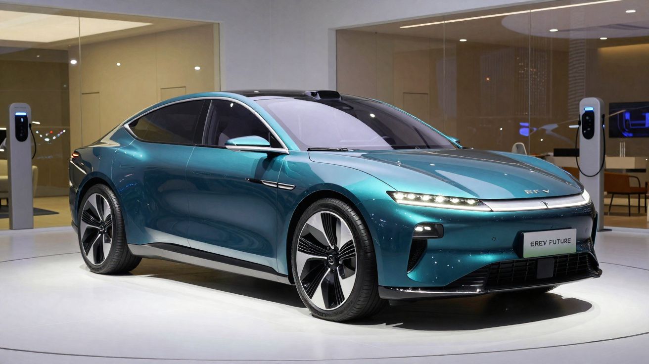 Carro elétrico sedã azul em exposição, com design moderno e carregadores elétricos ao fundo.