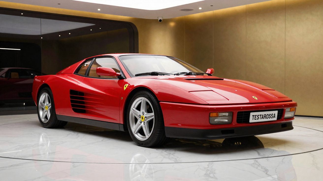 Carro esportivo Ferrari Testarossa vermelho estacionado em exposição interna com piso branco brilhante.
