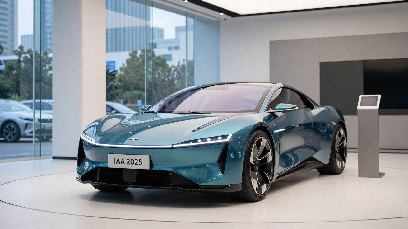 Carro esportivo elétrico azul exibido em showroom moderno com placa IAA 2025.