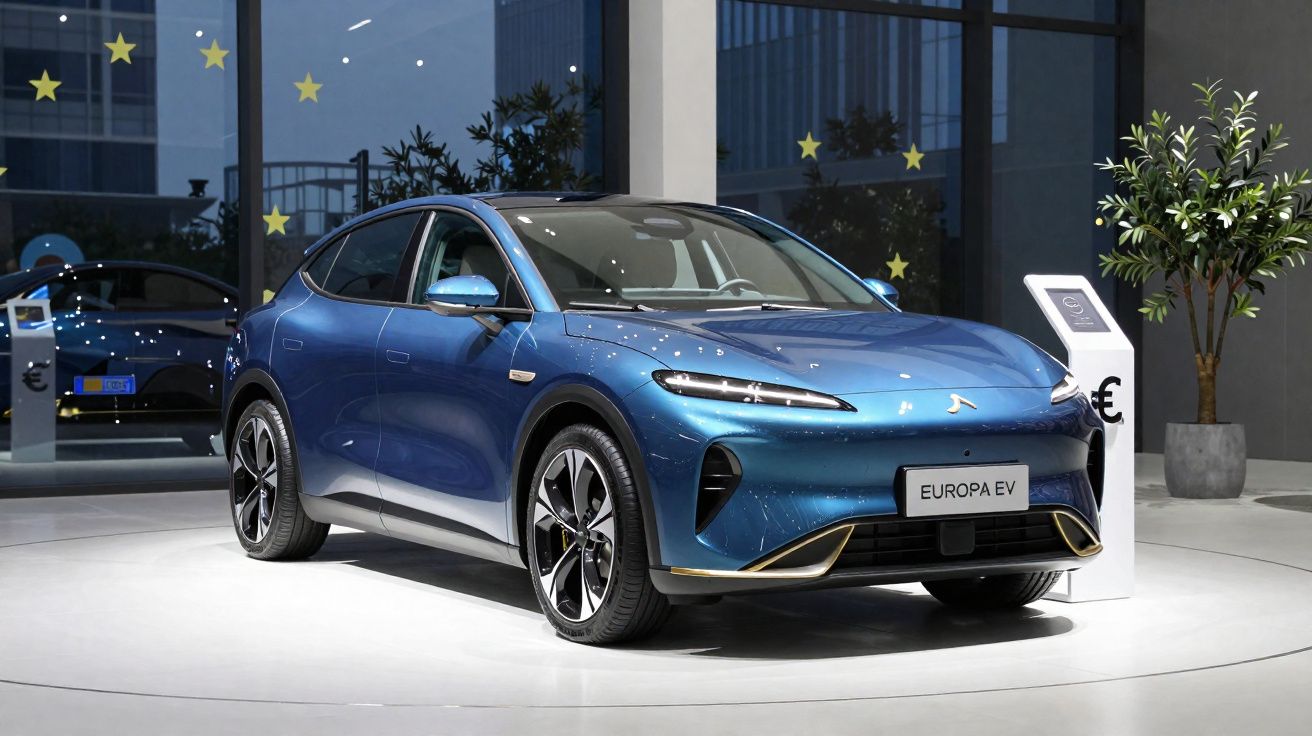 Carro elétrico azul modelo Europa EV em exposição em ambiente moderno com planta ao lado.