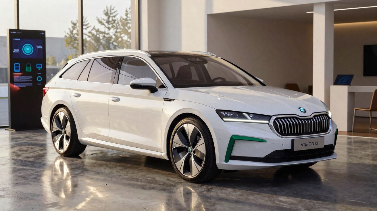 Carro elétrico branco BMW Vision 0 estacionado em ambiente interno moderno e iluminado.