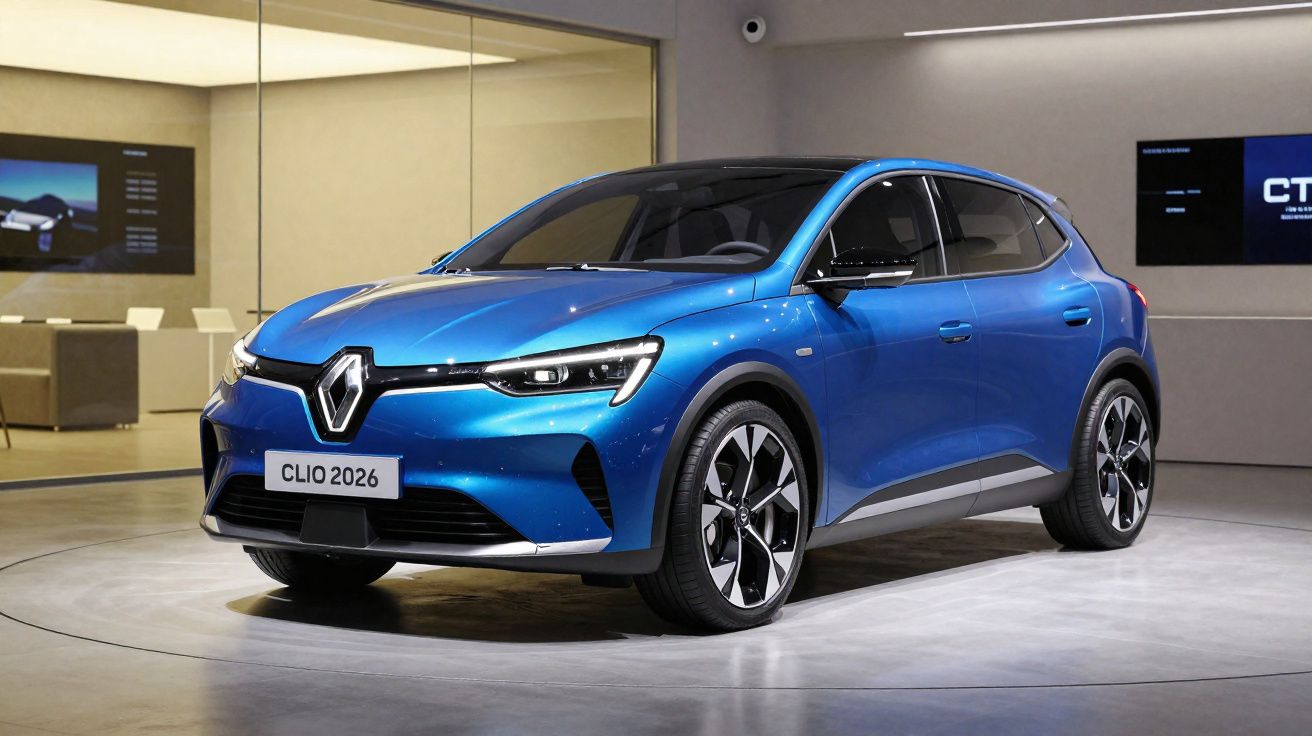 Carro azul Renault Clio 2026 em exposição dentro de showroom moderno.