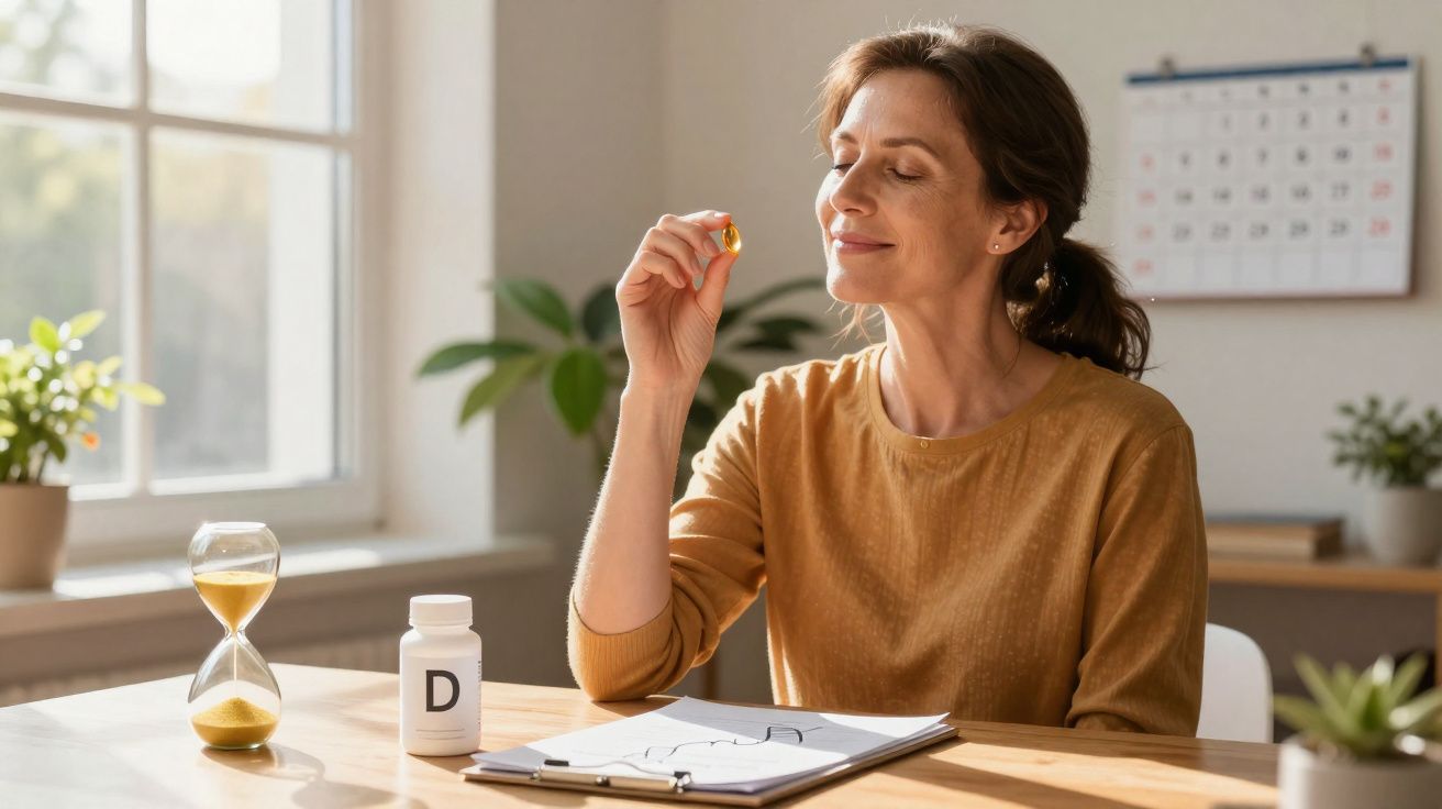 Mulher sorrindo segurando cápsula de vitamina D com frasco e ampulheta sobre mesa iluminada.