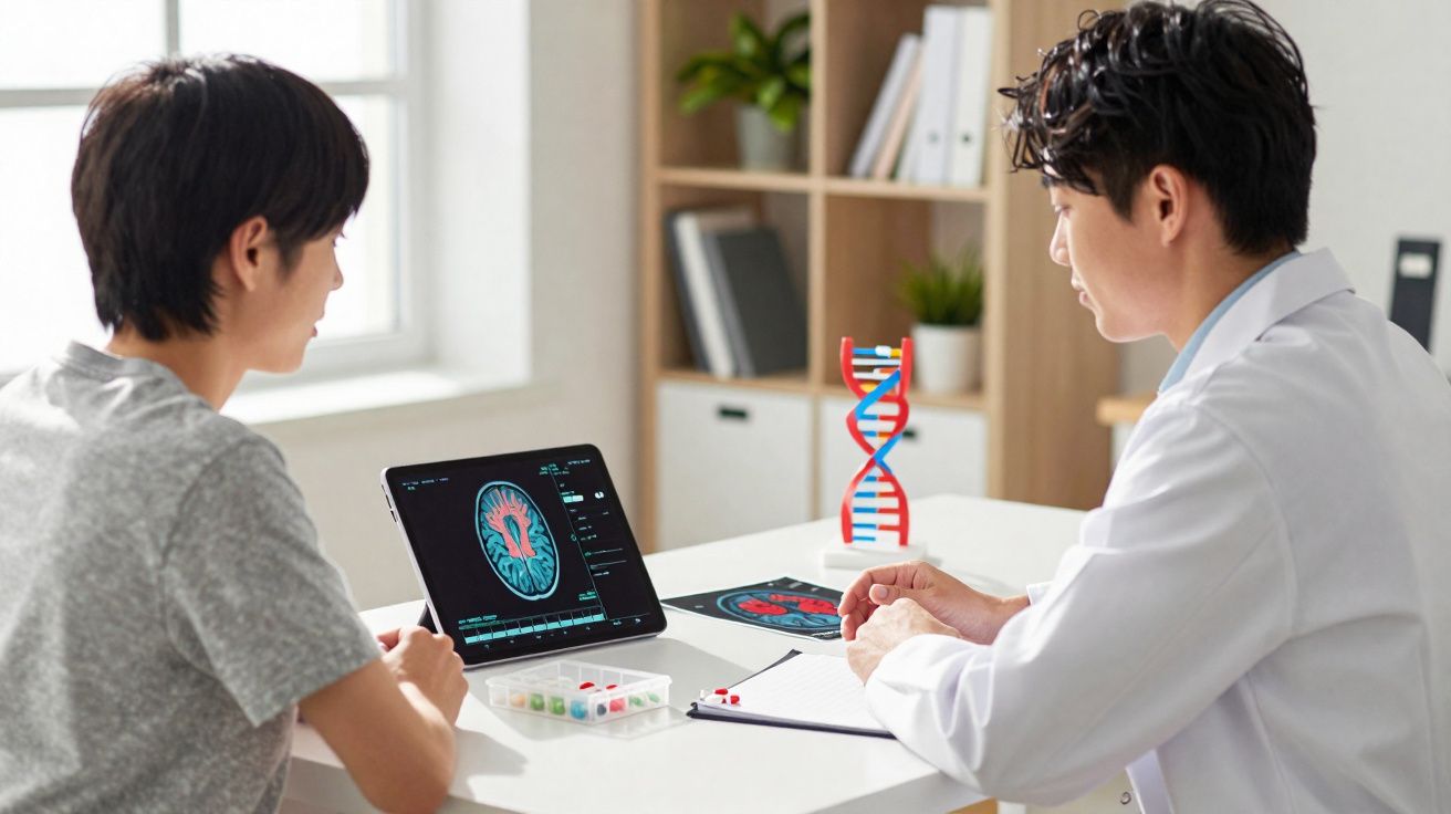 Paciente e médico analisando imagens cerebrais em tablet durante consulta em consultório moderno.