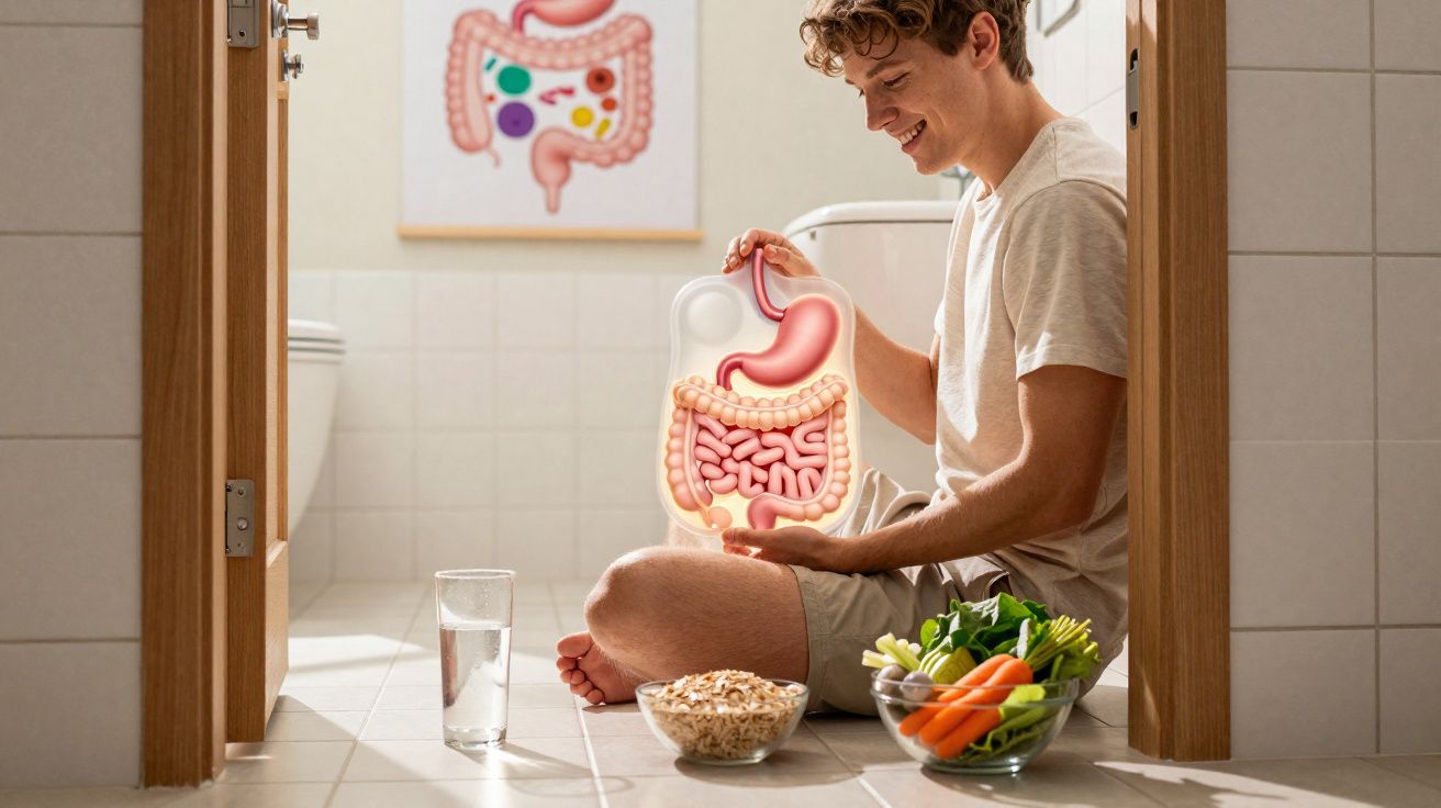 Homem sentado no chão com modelo do sistema digestivo, ao lado de alimentos saudáveis e copo de água.