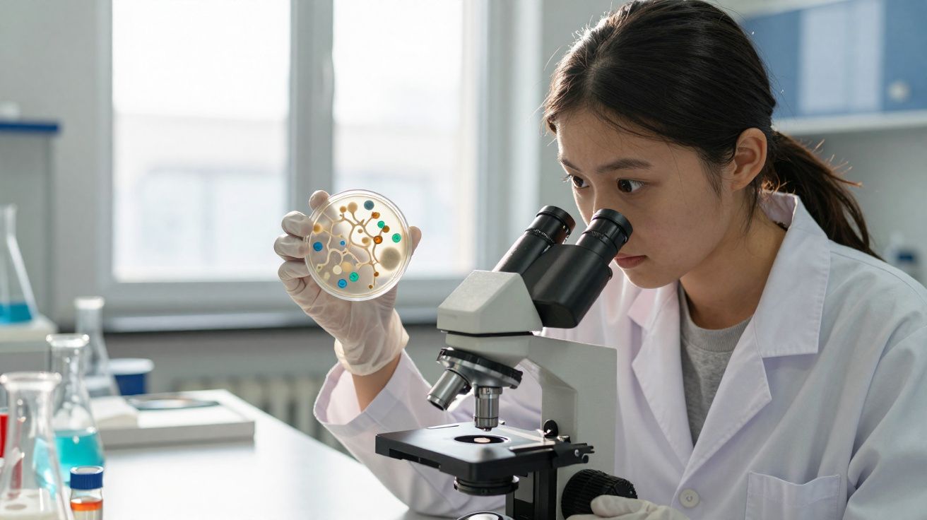Mulher cientista olhando em microscópio segurando placa de Petri com cultura em laboratório.