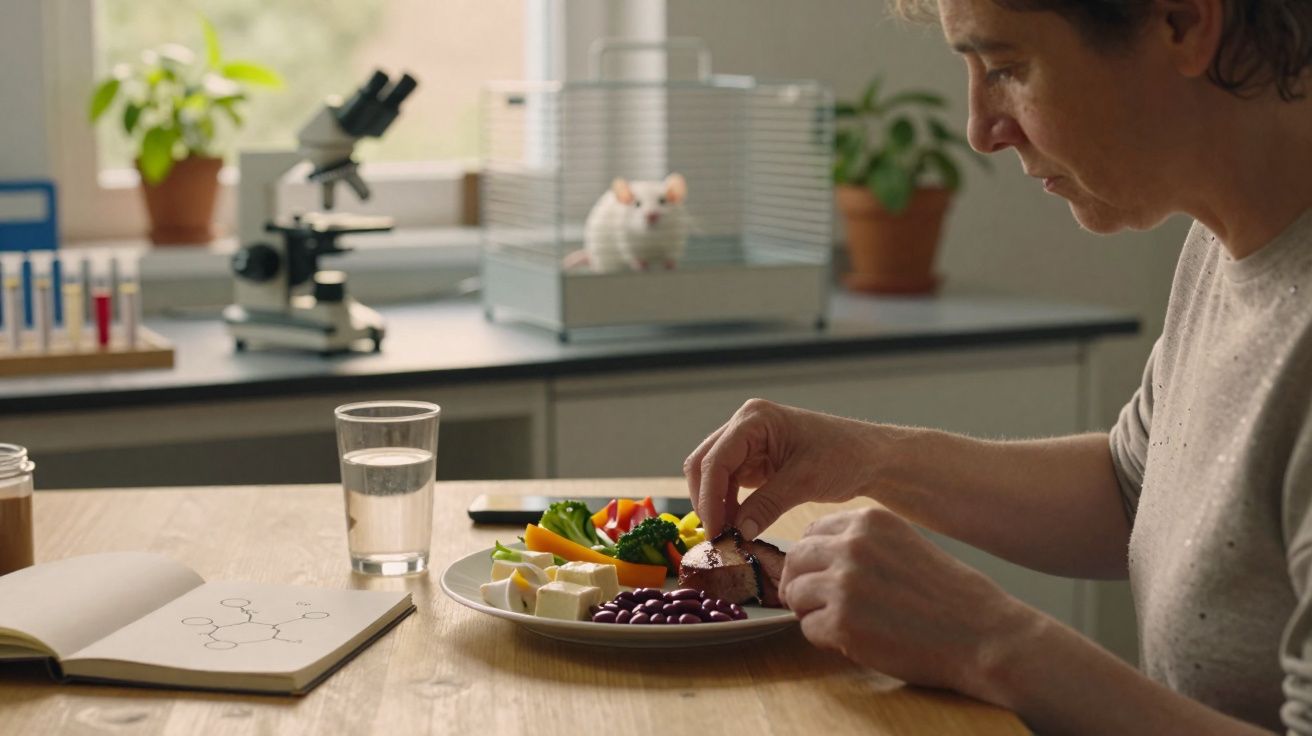 Pessoa cortando alimento no prato com legumes, feijão, queijo e copo de água, em mesa com caderno e microscópio ao fundo.