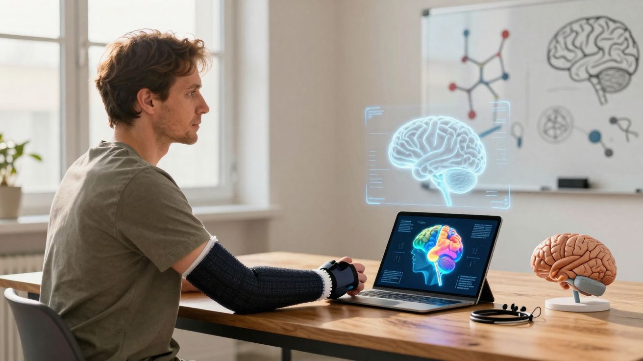 Homem usando dispositivo na mão observa holograma e imagem 3D do cérebro em notebook em escritório.