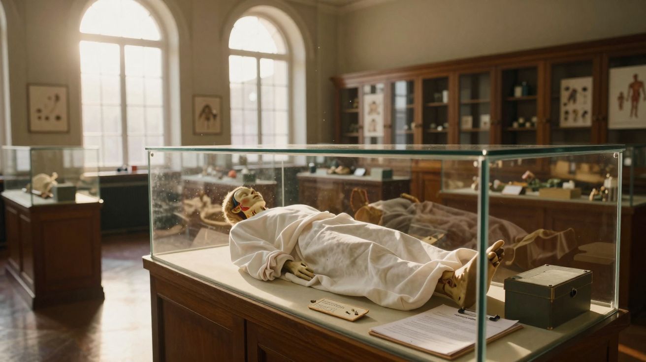 Múmia ou manequim em vestimenta branca exposta em vitrine de vidro em museu histórico.