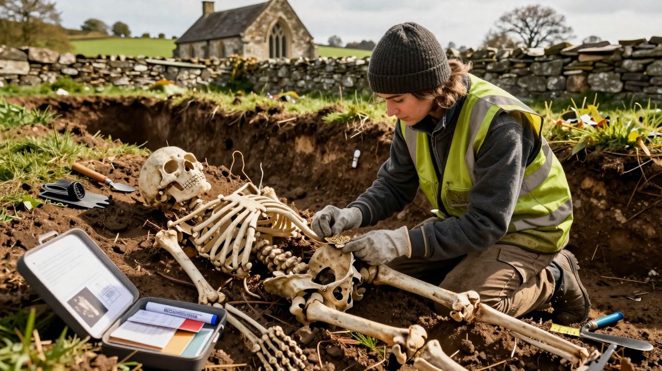 Arqueóloga examina esqueleto humano em escavação ao ar livre próxima a igreja e campo verde.