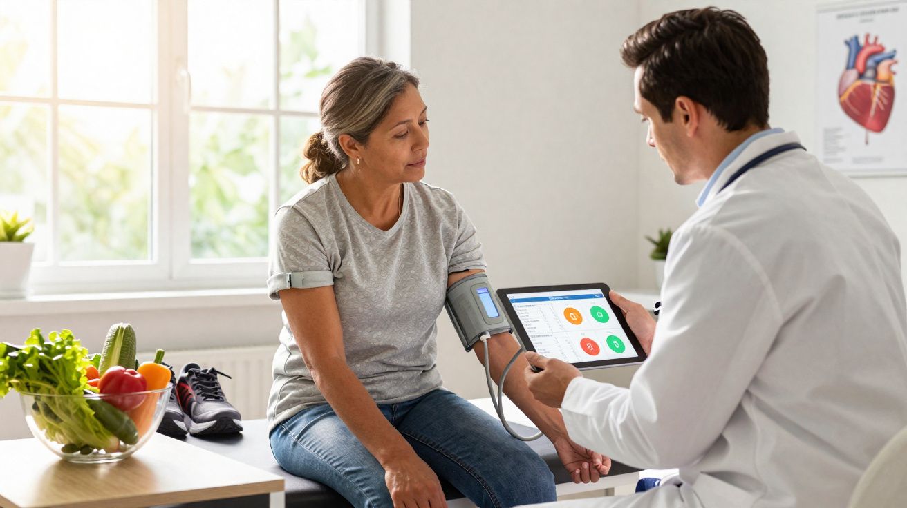 Paciente mulher tendo pressão arterial medida por médico em consulta com tablet em mãos mostrando resultados.