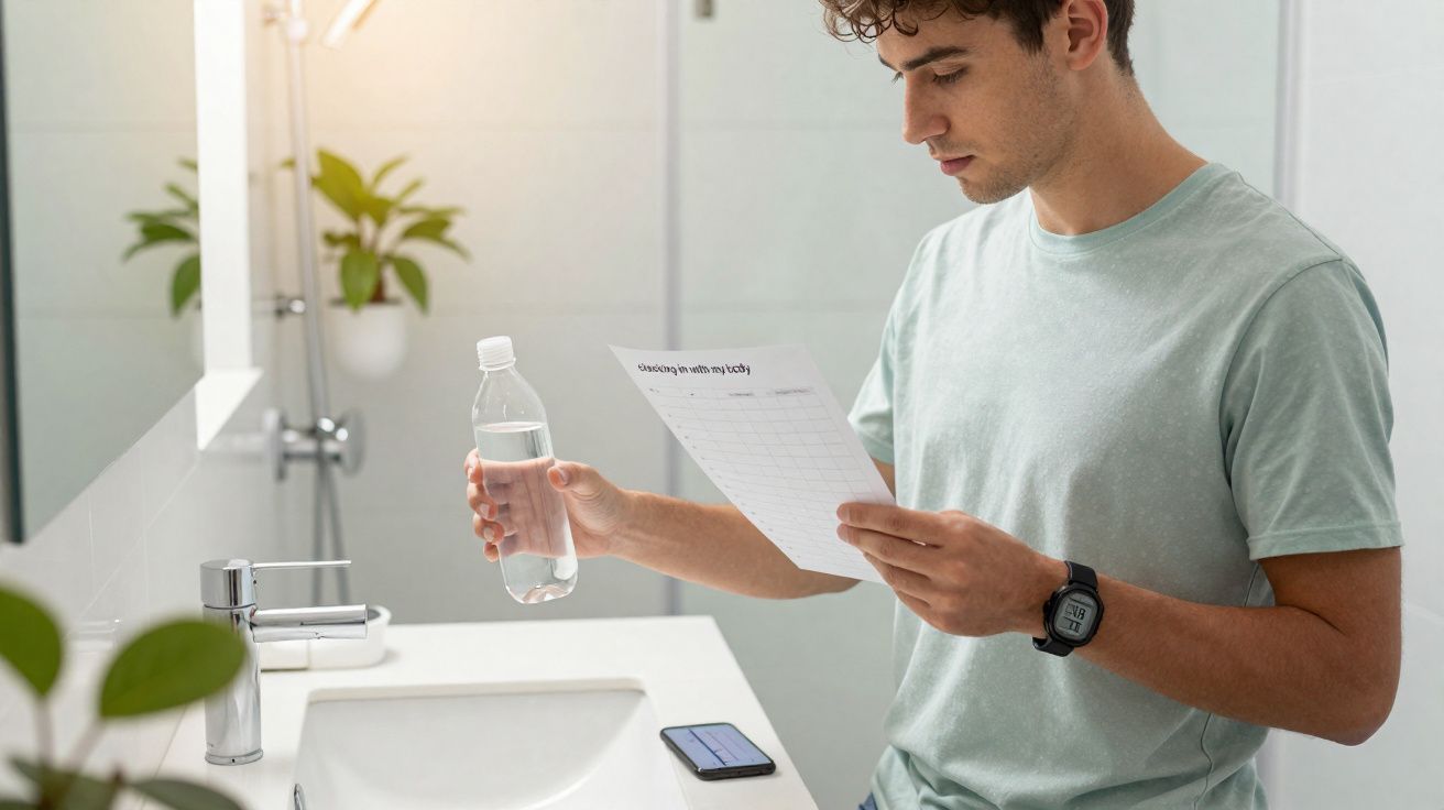 Homem consulta planilha e segura garrafa de água em banheiro moderno com pia branca e planta ao fundo.