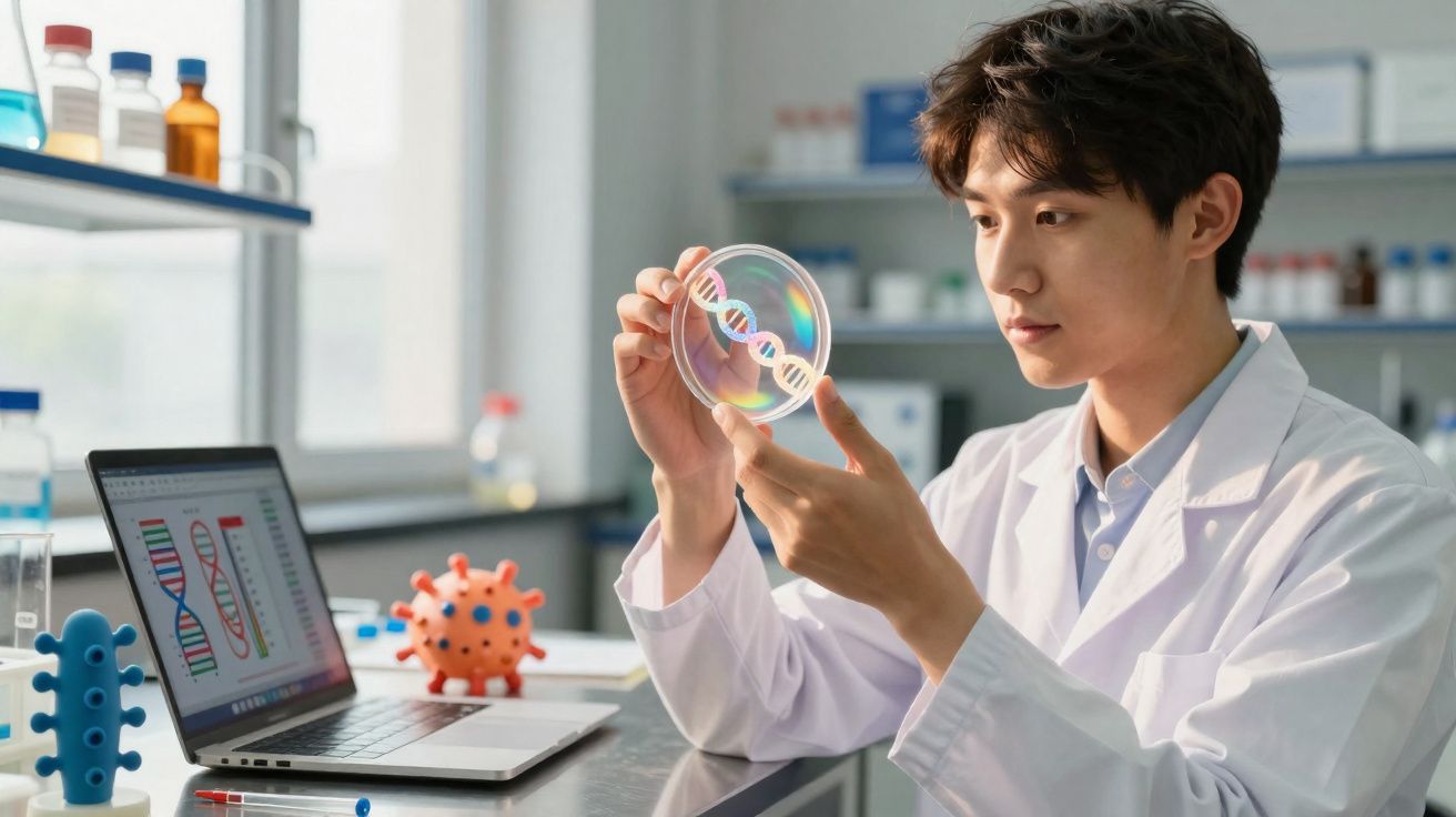 Cientista jovem em laboratório examinando placa de Petri com modelo de DNA, laptop aberto com imagens de moléculas.