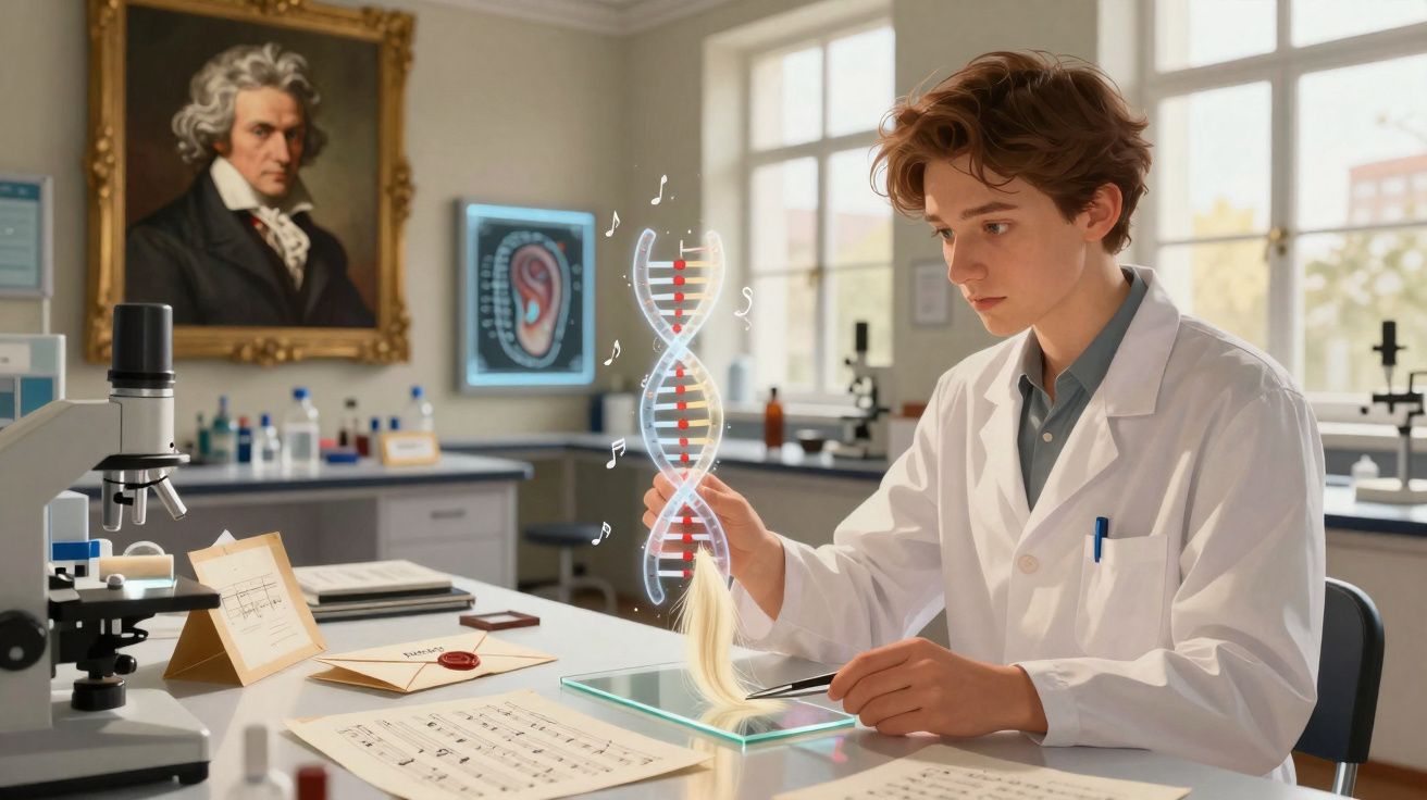 Jovem cientista em laboratório analisando cabelo com representação de DNA em dupla hélice musical.