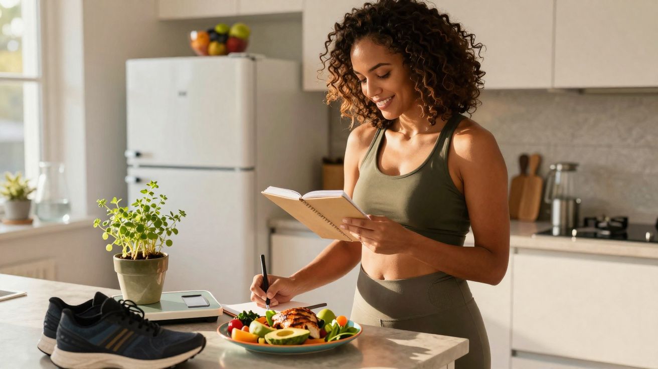 Mulher sorrindo em roupa de treino, anotando receitas e hábitos ao lado de comida saudável na cozinha.