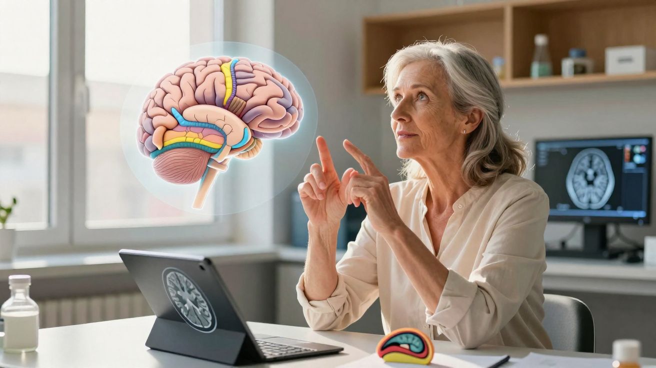 Mulher idosa analisando imagem digital 3D colorida do cérebro em escritório de consultório médico.