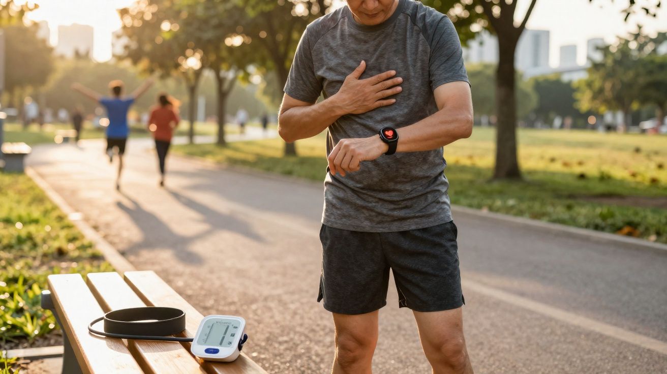 Homem em roupa esportiva checando batimentos no relógio durante caminhada em parque ao pôr do sol.