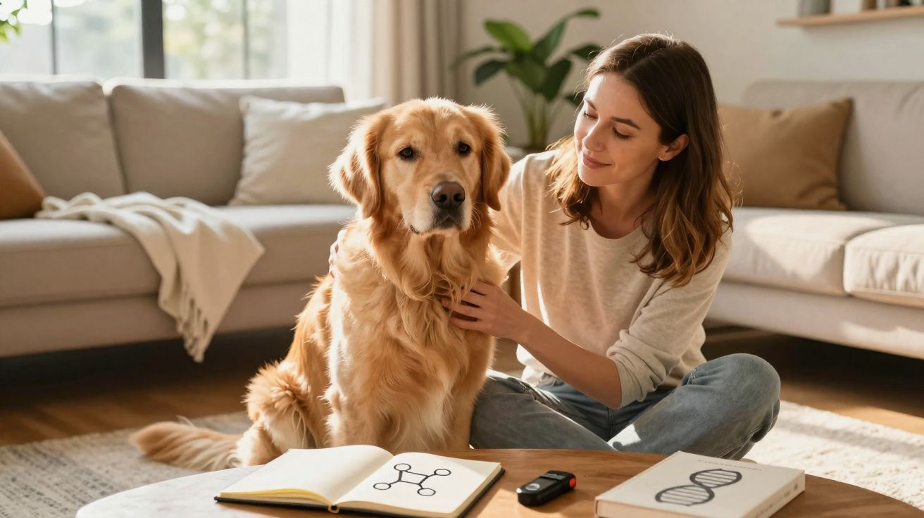 Mulher sentada no chão acariciando cachorro golden retriever em sala iluminada, com livros sobre mesa.