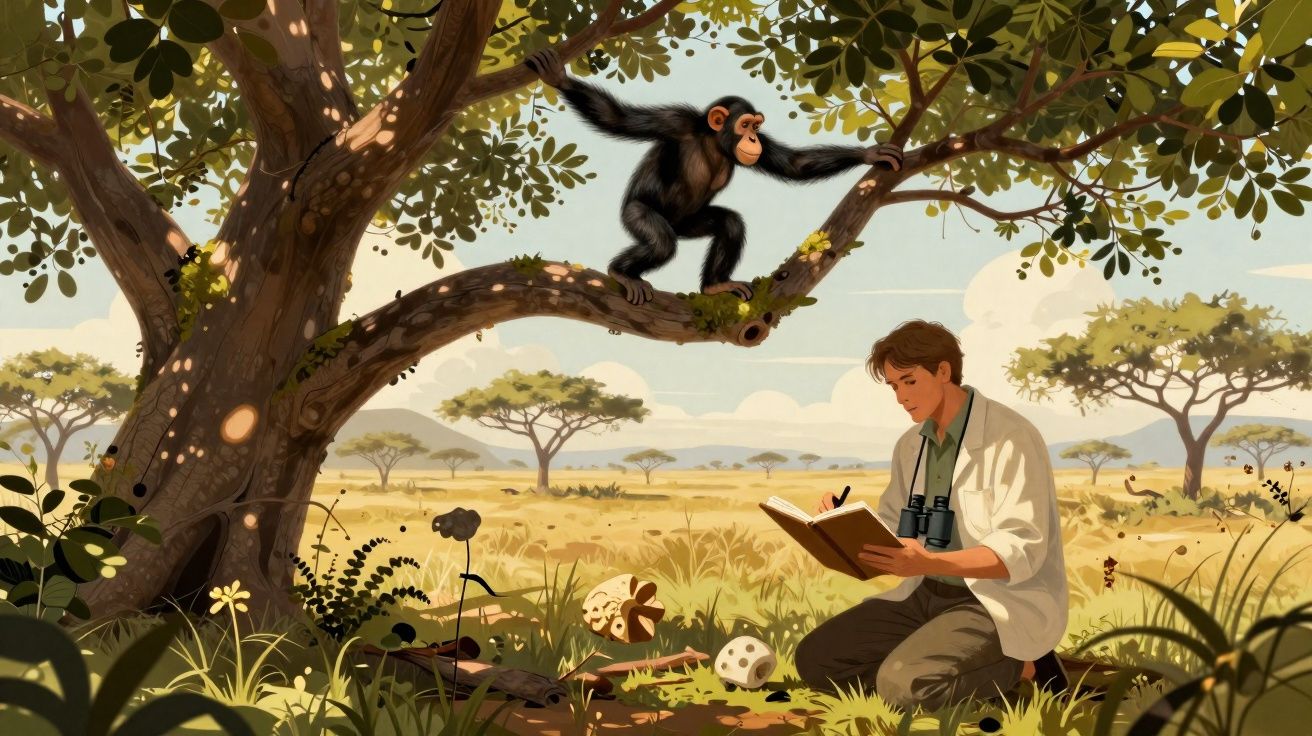 Homem anota dados em caderno próximo a árvore com chimpanzé em galho em savana africana.