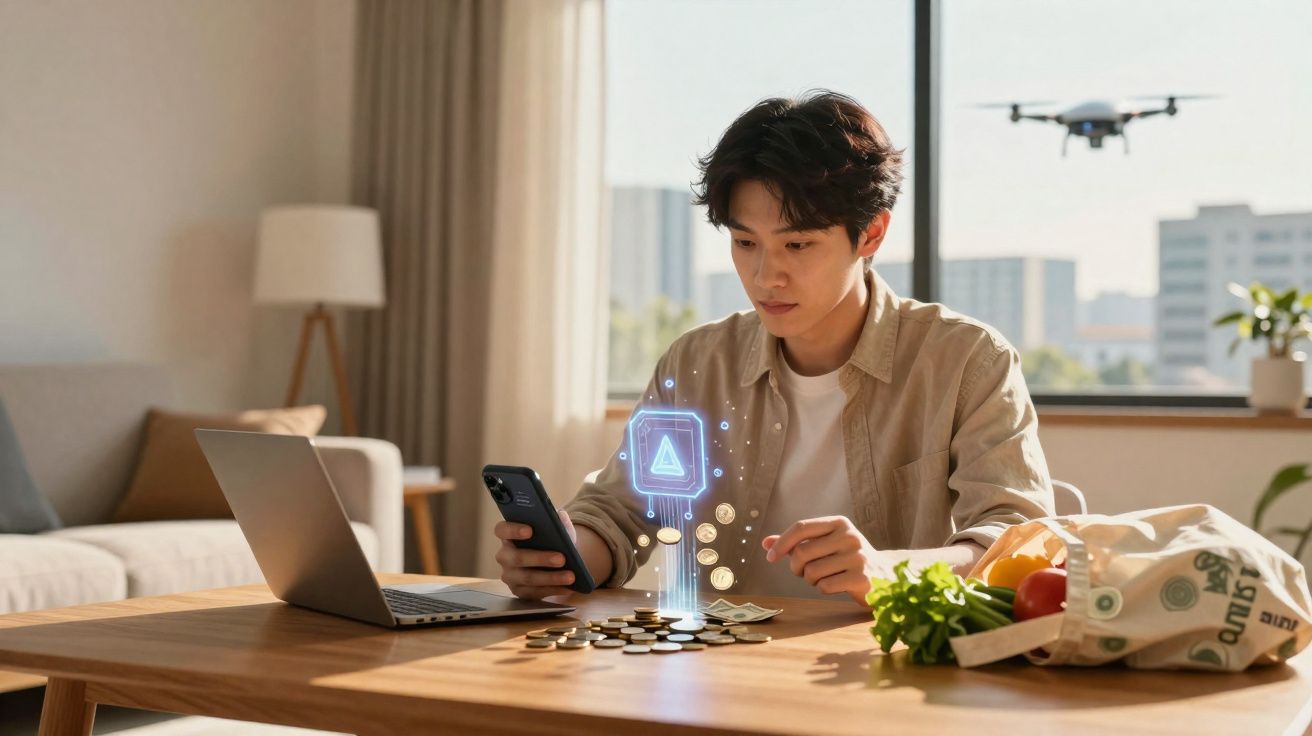 Jovem usando smartphone e laptop com moedas e holograma digital na mesa, drone ao fundo, em ambiente claro.