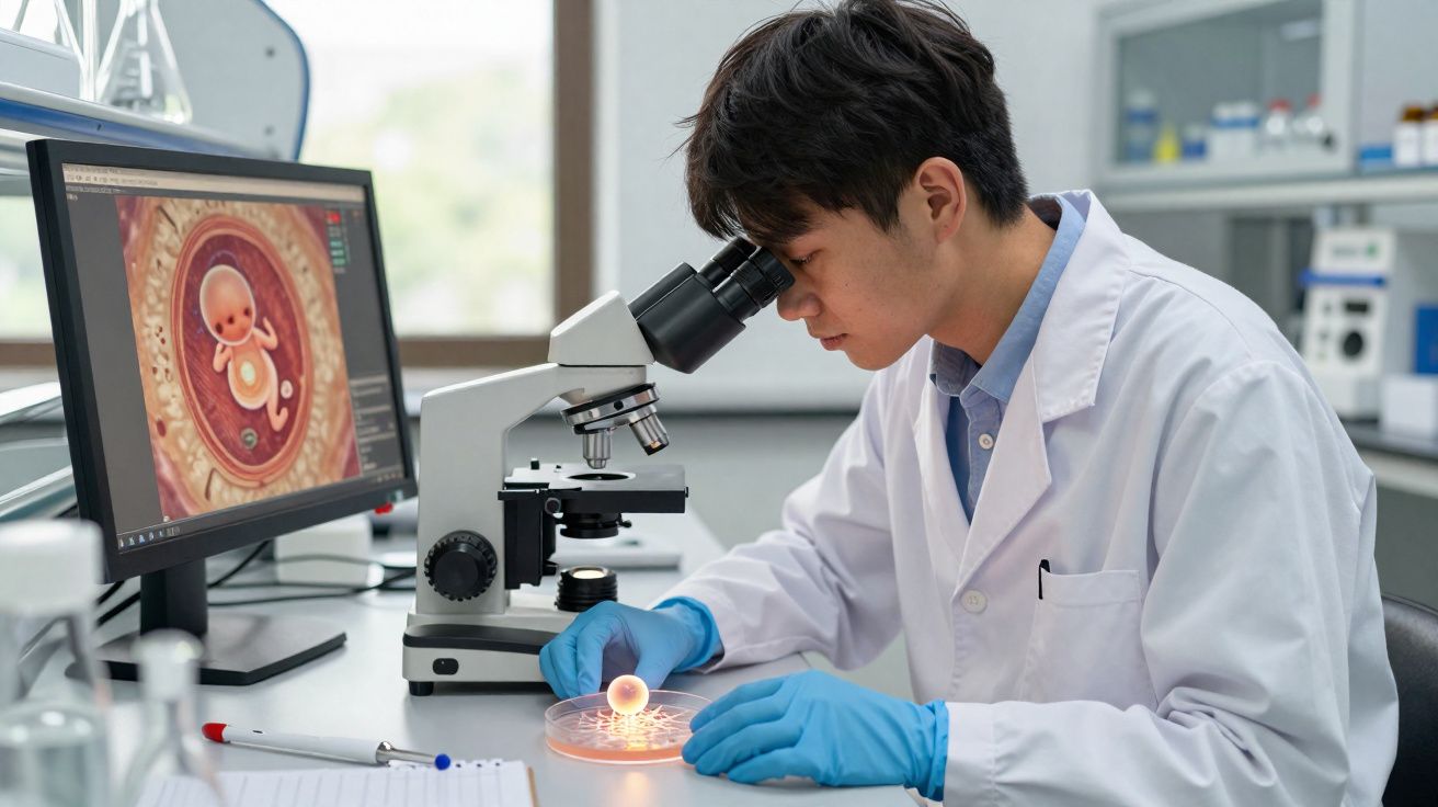 Pesquisador em laboratório usando microscópio e manipulando amostra em placa de Petri com imagem de feto na tela.
