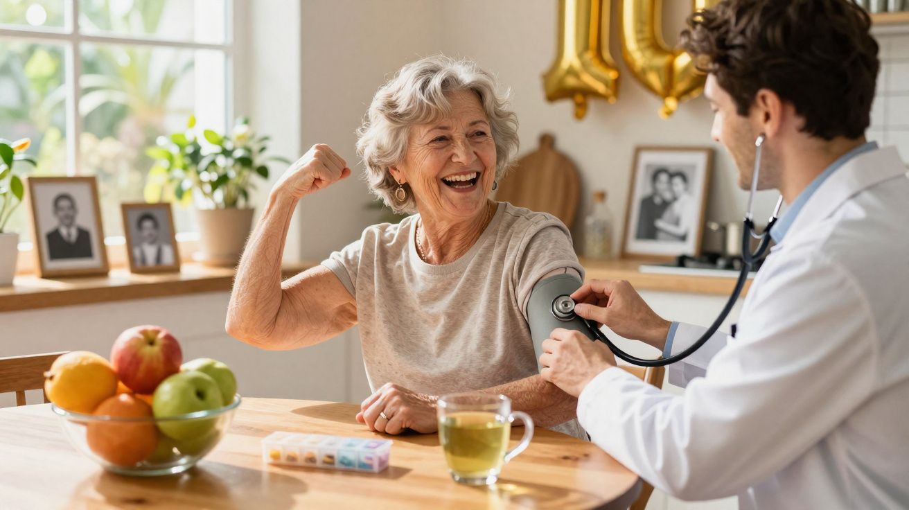 Idosa sorridente mostra força enquanto médico mede sua pressão arterial em casa.