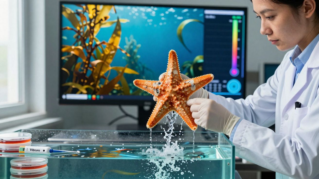 Pesquisadora em laboratório segurando uma estrela-do-mar com luvas, com monitor exibindo imagens marinhas ao fundo.