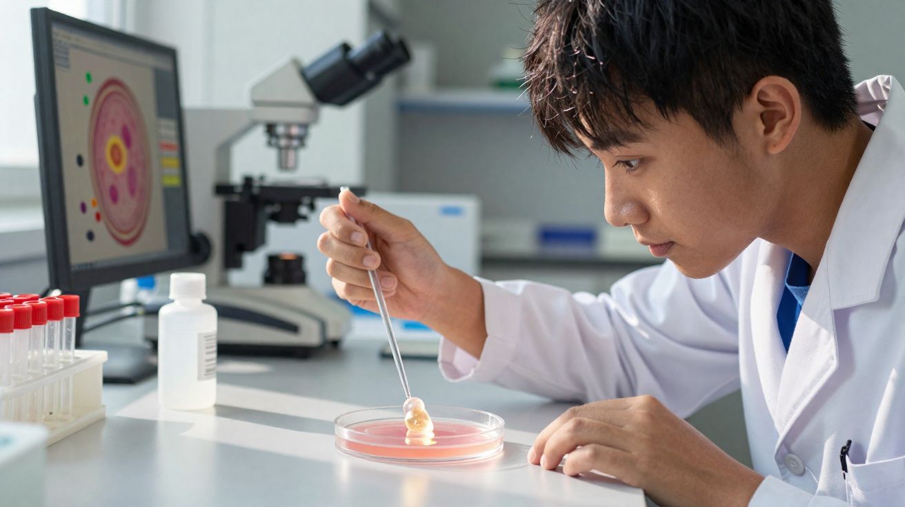 Jovem cientista em laboratório analisando amostra em placa de Petri com pinça e microscópio ao fundo.