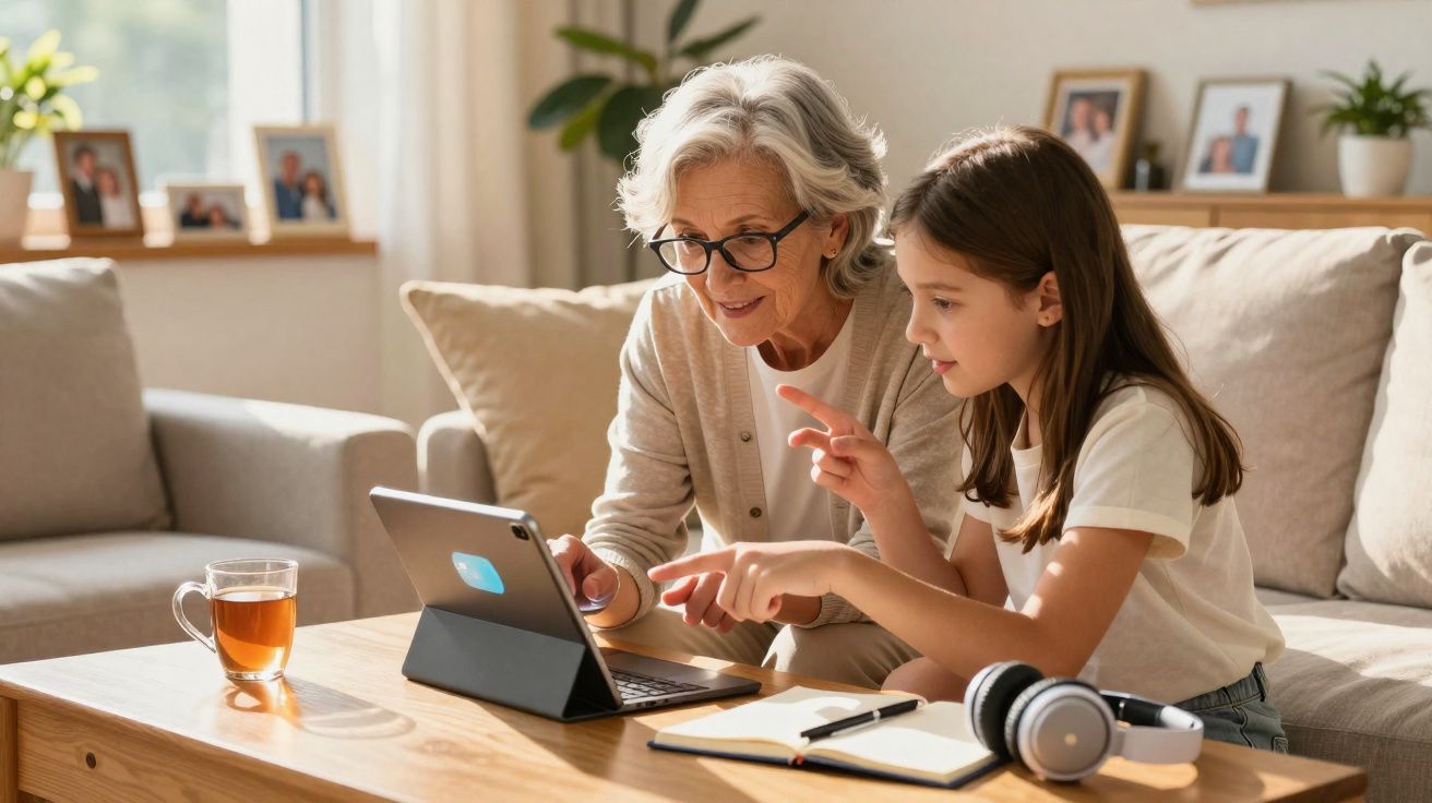Idosa e menina sentadas no sofá usando tablet, com chá, caderno e fones na mesa de madeira.
